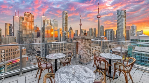 Rooftop Patio with City Skyline and Sunset photo