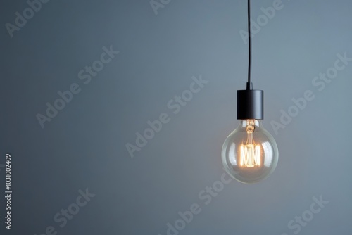 Wallpaper Mural Simple hanging light bulb with glowing filament against plain blue-gray background Torontodigital.ca
