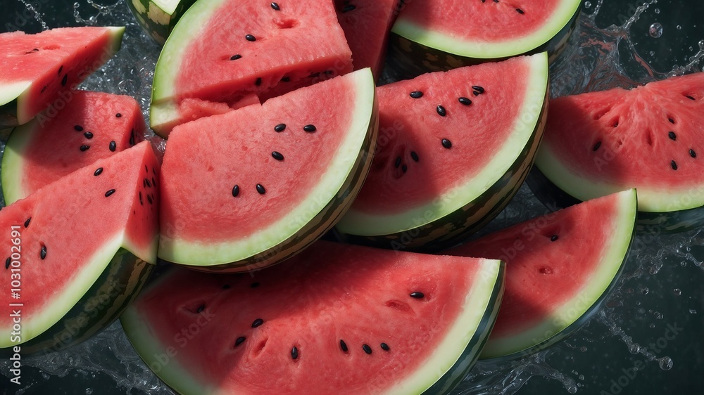 A bunch of Chopped pieces of watermelon splashing on the water A bunch of Chopped pieces of watermelon splashing on the water