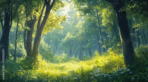 Serene Sunlit Forest Scene with Lush Greenery