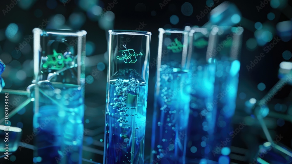 A close-up of test tubes filled with blue liquid and green chemical symbols A close-up of test tubes filled with blue liquid and green chemical symbols