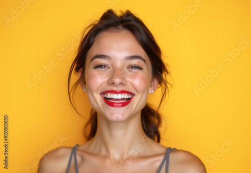 Close-up of smiling young woman with red lipstick, dark hair in loose ponytail, wearing grey strappy top, vibrant yellow background, soft frontal lighting, smooth skin, joyful expression photo