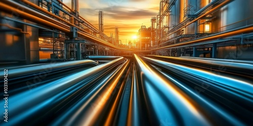 Captivating imagery of a factory with blue pipelines in a sunlit environment.