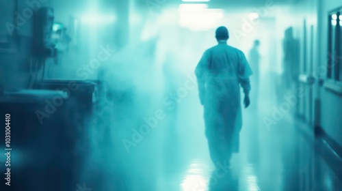 A lone doctor walks through a hazy hospital corridor, their back turned towards the camera. The room is dimly lit, with only a few other figures visible in the distance.