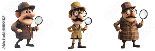 Set of A cartoon detective character with a magnifying glass isolated on transparent background (2)
