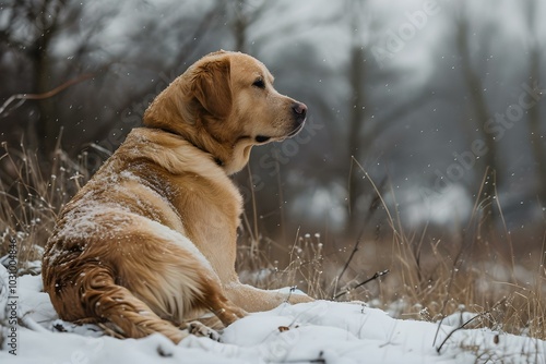 Golden retriever resting in snowy winter field 