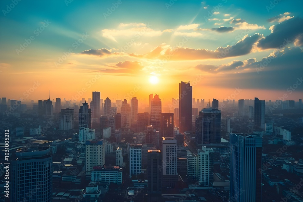 Fototapeta premium Sunset over modern city skyline with skyscrapers