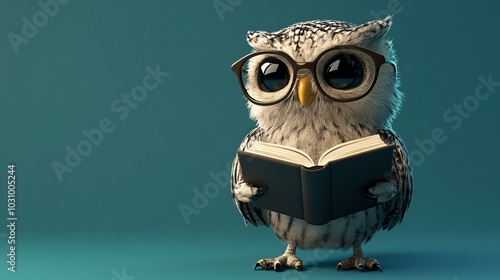 A Wise Owl in Glasses Reads a Book Against a Teal Background