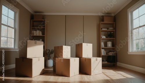 Moving boxes scattered in an empty room, representing the downsizing process. The image highlights the transition to a smaller, more manageable space and embraces a minimalist lifestyle photo