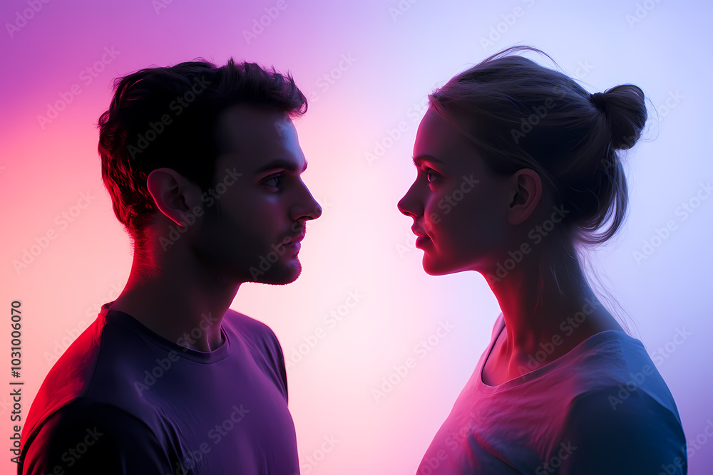 A man and a woman stand facing each other, looking directly into each other’s eyes, creating a powerful visual connection A man and a woman stand facing each other, looking directly into each other’s eyes, creating a powerful visual connection