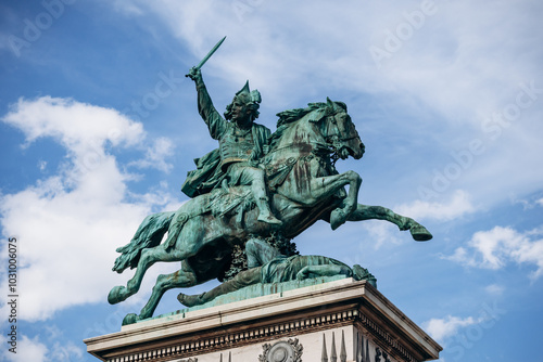 Clermont-Ferrand, France - July 8, 2024 : Statue of Vercingetorix in the middle of place de Jaude. The statue was created by Frederic Auguste Bartholdi
