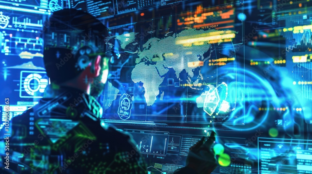 A Person Interacting with a Digital World Map and Data Displays A Person Interacting with a Digital World Map and Data Displays