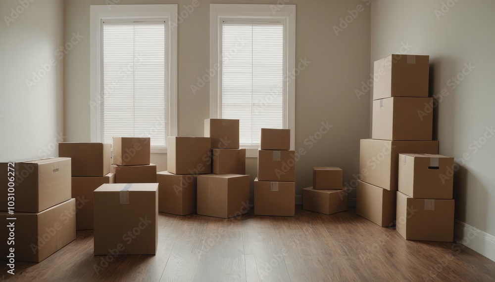 Moving boxes scattered in an empty room, representing the downsizing process. The image highlights the transition to a smaller, more manageable space and embraces a minimalist lifestyle Moving boxes scattered in an empty room, representing the downsizing process. The image highlights the transition to a smaller, more manageable space and embraces a minimalist lifestyle