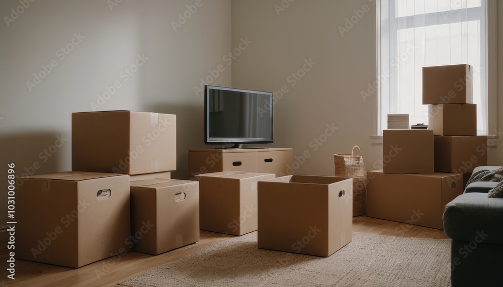 Moving boxes scattered in an empty room, representing the downsizing process. The image highlights the transition to a smaller, more manageable space and embraces a minimalist lifestyle Moving boxes scattered in an empty room, representing the downsizing process. The image highlights the transition to a smaller, more manageable space and embraces a minimalist lifestyle