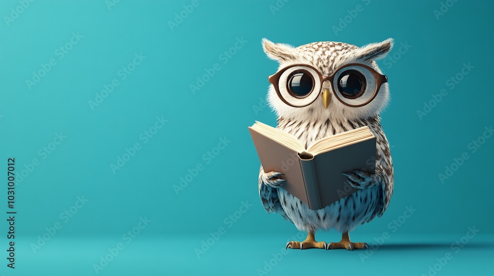 A Cartoon Owl Wearing Glasses Reads a Book Against a Blue Background A Cartoon Owl Wearing Glasses Reads a Book Against a Blue Background