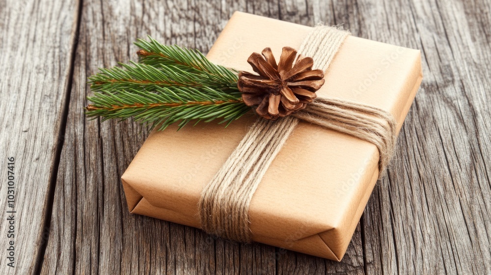 Fototapeta premium A rustic gift wrapped in brown paper, tied with twine and accented with evergreen branches and a pinecone, rests on a textured wooden surface, evoking a warm, natural feel