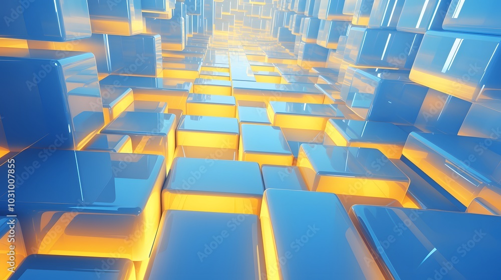 Fototapeta premium 3d rendering of blue and yellow abstract geometric background. Scene for advertising, technology, showcase, banner, game, sport, cosmetic, business, metaverse. Sci-Fi Illustration. Product display