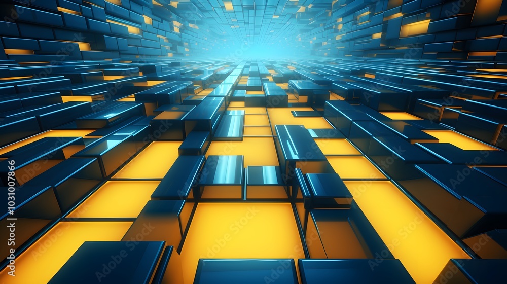 Obraz premium 3d rendering of blue and yellow abstract geometric background. Scene for advertising, technology, showcase, banner, game, sport, cosmetic, business, metaverse. Sci-Fi Illustration. Product display
