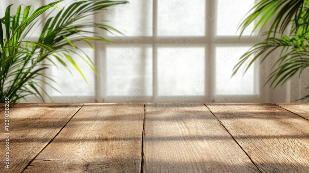 Natural light streams through a window, illuminating a wooden tabletop adorned with lush green potted plants in a cozy indoor setting Natural light streams through a window, illuminating a wooden tabletop adorned with lush green potted plants in a cozy indoor setting