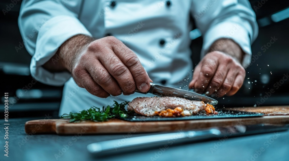 Chef preparing a gourmet dish in a restaurant kitchen, showcasing the creativity and precision involved in the culinary arts Chef preparing a gourmet dish in a restaurant kitchen, showcasing the creativity and precision involved in the culinary arts
