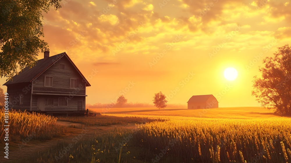 A Charming Rustic Farmhouse Surrounded by Fields, With a Barn in the Distance and a Golden Sunset Casting Warm Light A Charming Rustic Farmhouse Surrounded by Fields, With a Barn in the Distance and a Golden Sunset Casting Warm Light