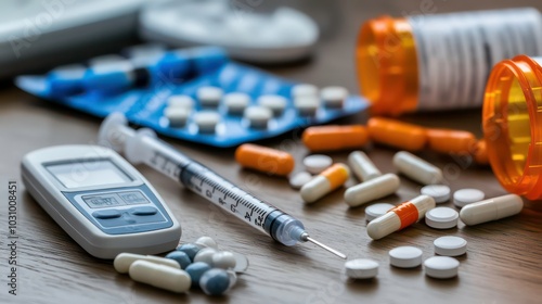 A close-up shot of various medical supplies including pills, capsules, a syringe, a blood glucose meter, and pill bottles on a wooden table.