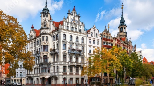 Ornate European Buildings and Autumn Trees on a Sunny Day