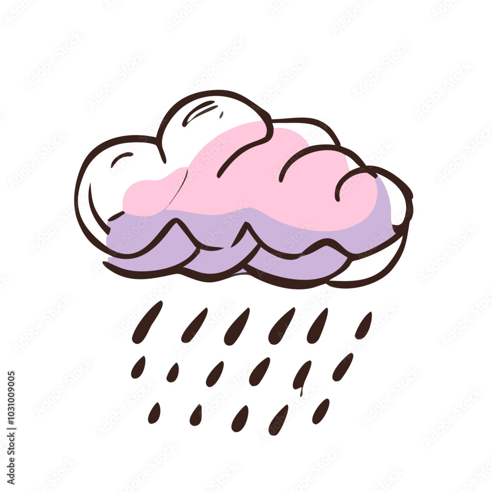 Vector: Purple-Pink Cloud with Black Outline and Falling Rain Vector: Purple-Pink Cloud with Black Outline and Falling Rain