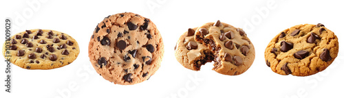 Chocolate chip cookie set isolated Png, transparent without background.