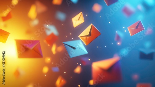 Abstract 3D illustration of colorful envelopes floating in the air, representing communication and digital correspondence.