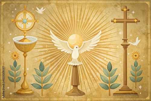 Vintage Flat Design Illustration of Corpus Christi with Cross, Dove, and Golden Glass Elements for Spiritual Themes and