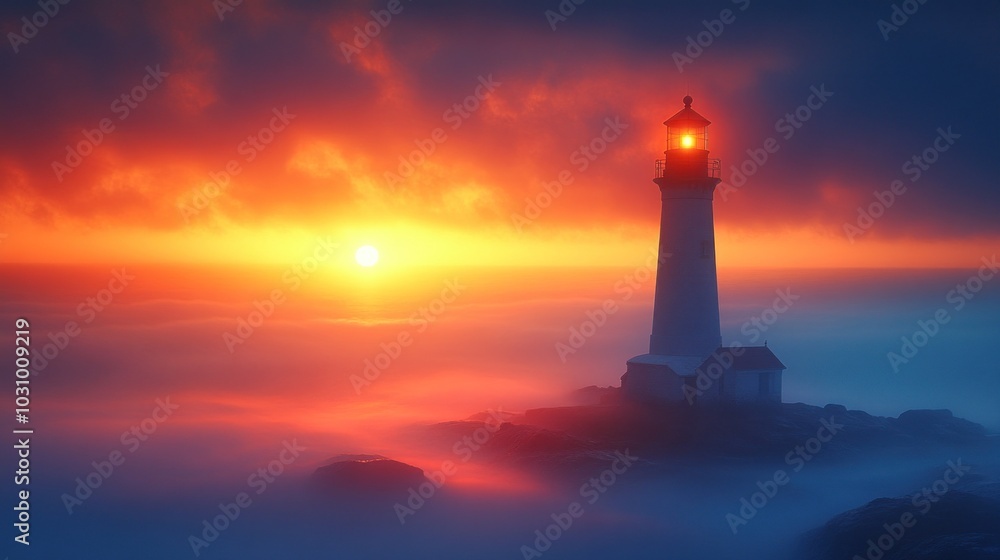 The lighthouse beams its guiding light as the sun sets on the horizon, painting the sky with vibrant hues of orange and purple over the calm, misty waters The lighthouse beams its guiding light as the sun sets on the horizon, painting the sky with vibrant hues of orange and purple over the calm, misty waters