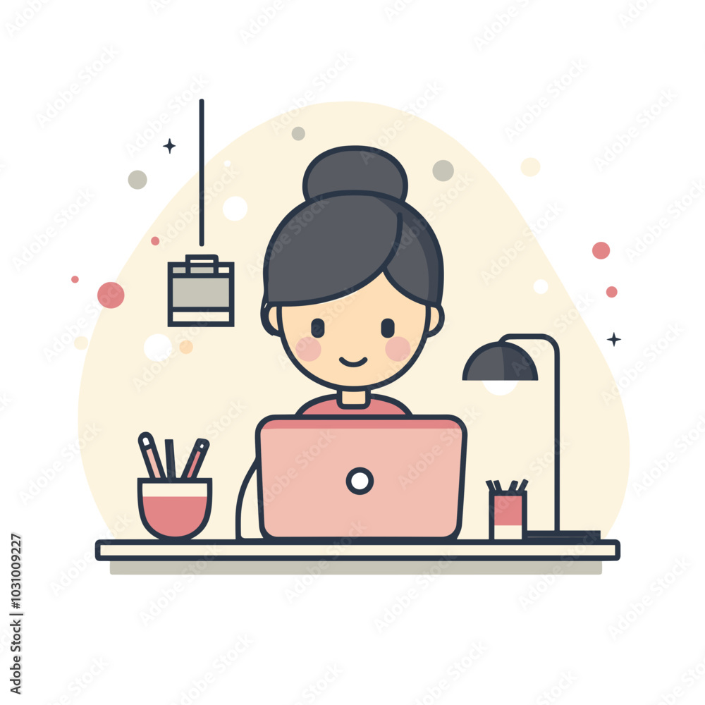 Charming illustration of a person working in a cozy home office setting Charming illustration of a person working in a cozy home office setting