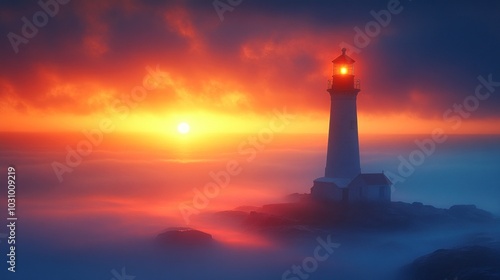 The lighthouse beams its guiding light as the sun sets on the horizon, painting the sky with vibrant hues of orange and purple over the calm, misty waters