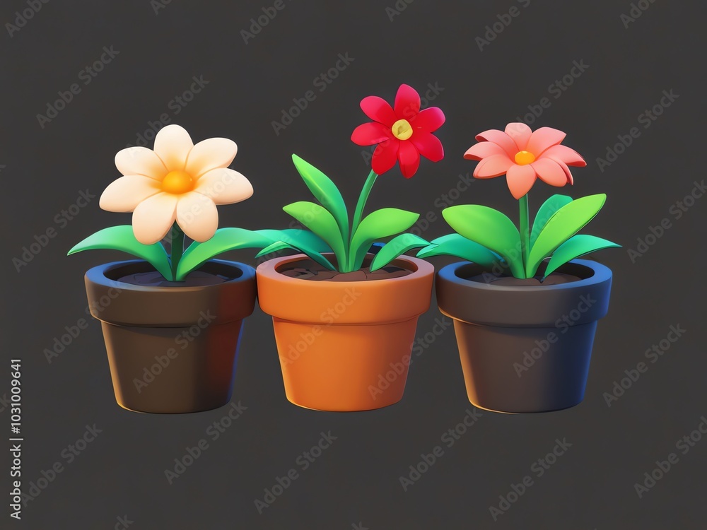 Three potted flowers in 3D style Three potted flowers in 3D style