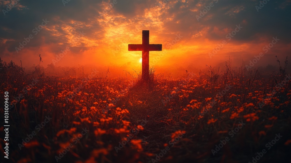 A cross stands prominently in a field of vibrant flowers as the sun sets, creating a mesmerizing golden sky that invites contemplation and tranquility at dusk