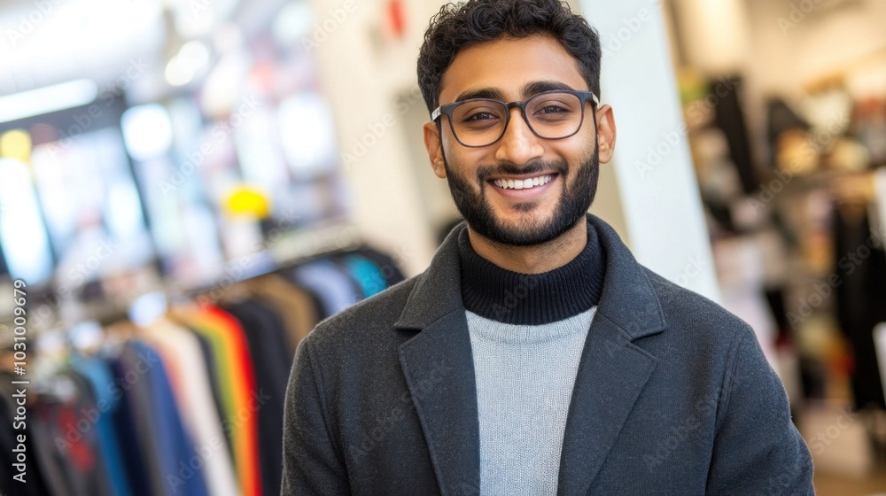 A young man with glasses and a beard smiles confidently indoors at a clothing store, surrounded by colorful apparel on racks, enjoying his shopping experience A young man with glasses and a beard smiles confidently indoors at a clothing store, surrounded by colorful apparel on racks, enjoying his shopping experience