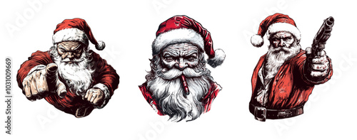 Bad Santa tattoo sketches. Brutal old man with beard in red christmas hat, gangster evil claus with gun and cigarette retro vintage movie poster drawing sketch vector illustration