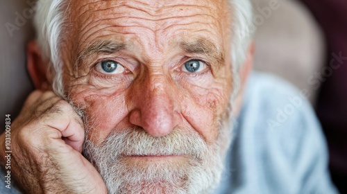 An elderly man with gray hair and a beard rests his chin on his hand, displaying a thoughtful and reflective expression in a warm, inviting indoor setting, illuminated by natural light