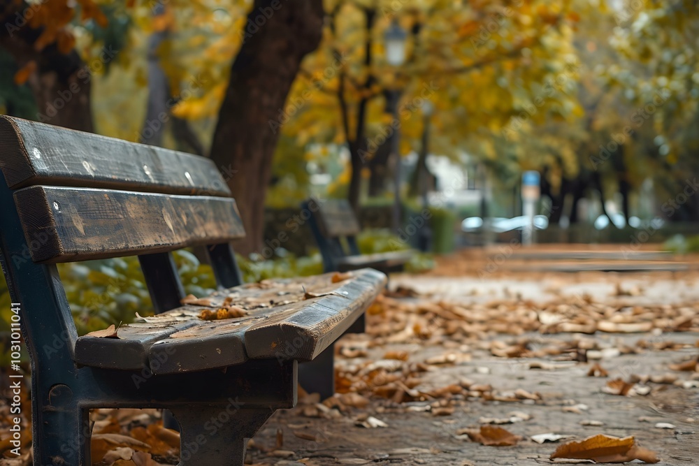 Empty park bench surrounded by autumn leaves
Empty park bench surrounded by autumn leaves