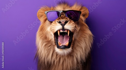 A roaring lion with sunglasses on a purple background.