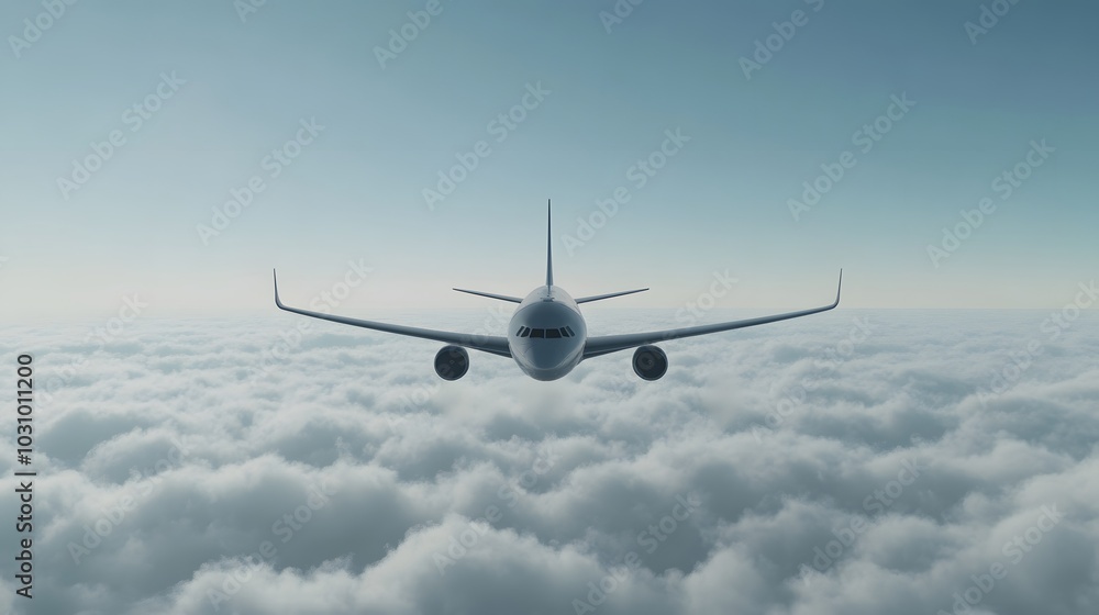 Obraz premium A white passenger plane flying in the sky, surrounded by clouds