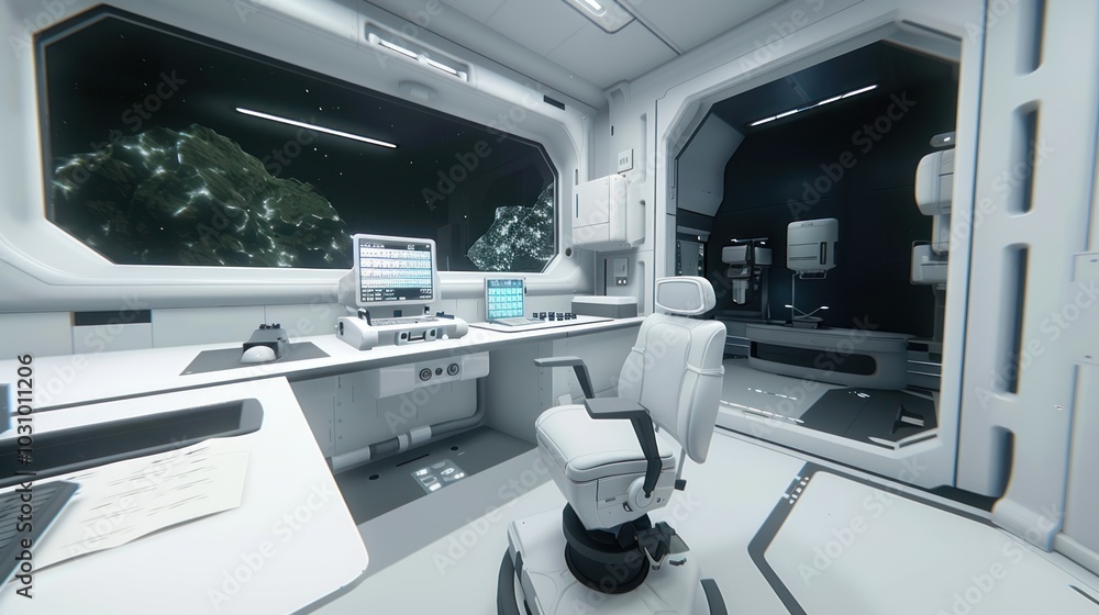 Futuristic Spaceship Interior with a View of a Rocky Planet and Stars Futuristic Spaceship Interior with a View of a Rocky Planet and Stars