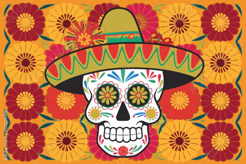Day of the Dead in Mexico, colorful skull vector.