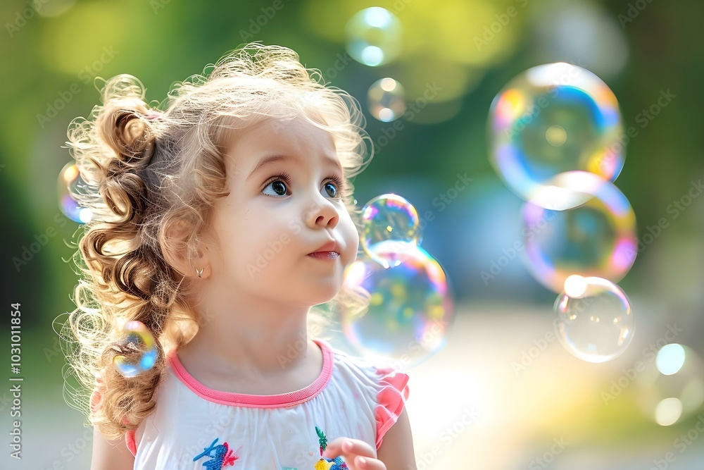 Curious child watching colorful soap bubbles
Curious child watching colorful soap bubbles