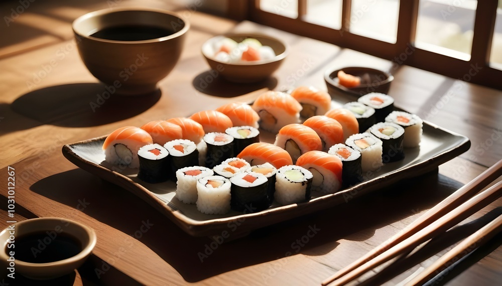 A plate filled with a variety of sushi rolls with a set of wooden chopsticks and bowl of soy sauce, placed on a simple kitchen table. A plate filled with a variety of sushi rolls with a set of wooden chopsticks and bowl of soy sauce, placed on a simple kitchen table.