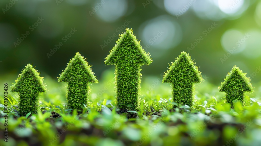 Five green grass arrows pointing upward on a green background. Five green grass arrows pointing upward on a green background.