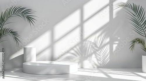 Abstract 3D white room, cylinder pedestal, palm leaf shadows, minimalist and elegant product display