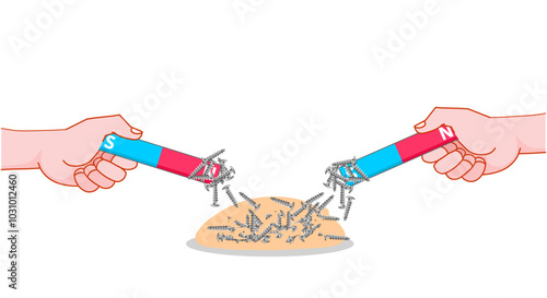 Separate nails, screws from sand or stone piles blend with a bar magnets. Hold choose, collect. Hand held blue, red n, s magnets. Physics lesson, magnetism. Separating mixtures. Vector illustration