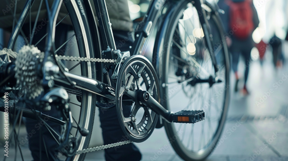 A close shot of a foldable bicycle being transformed from its compact shape into a ready-to-ride state. A close shot of a foldable bicycle being transformed from its compact shape into a ready-to-ride state.